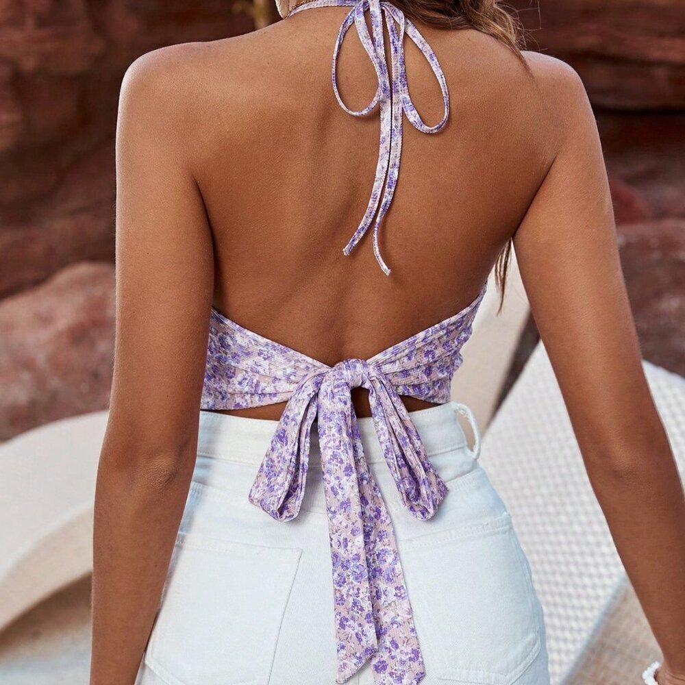 Purple Boho Women's Floral Halter Neck Top - Picture 4 of 6